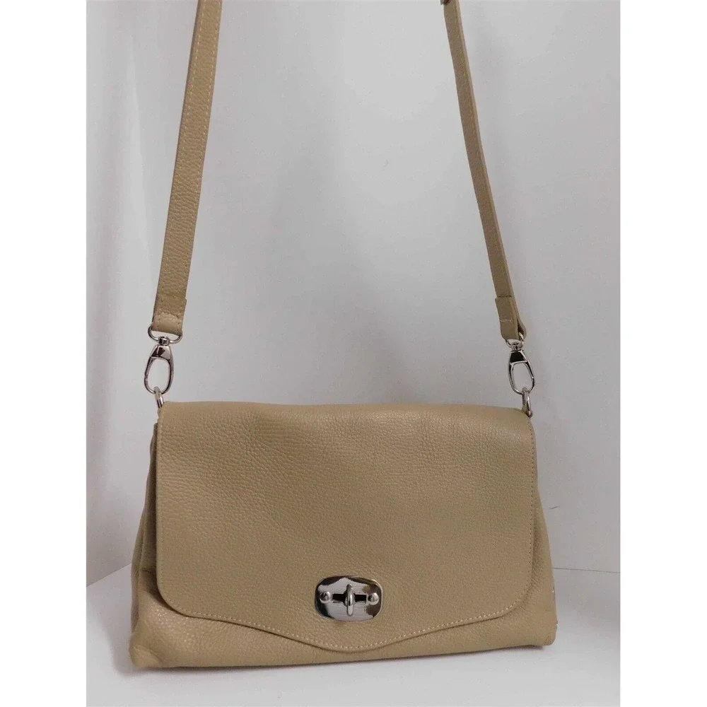 Marlon Beige Pebbled‎ Leather Flap Crossbody Bag Italy